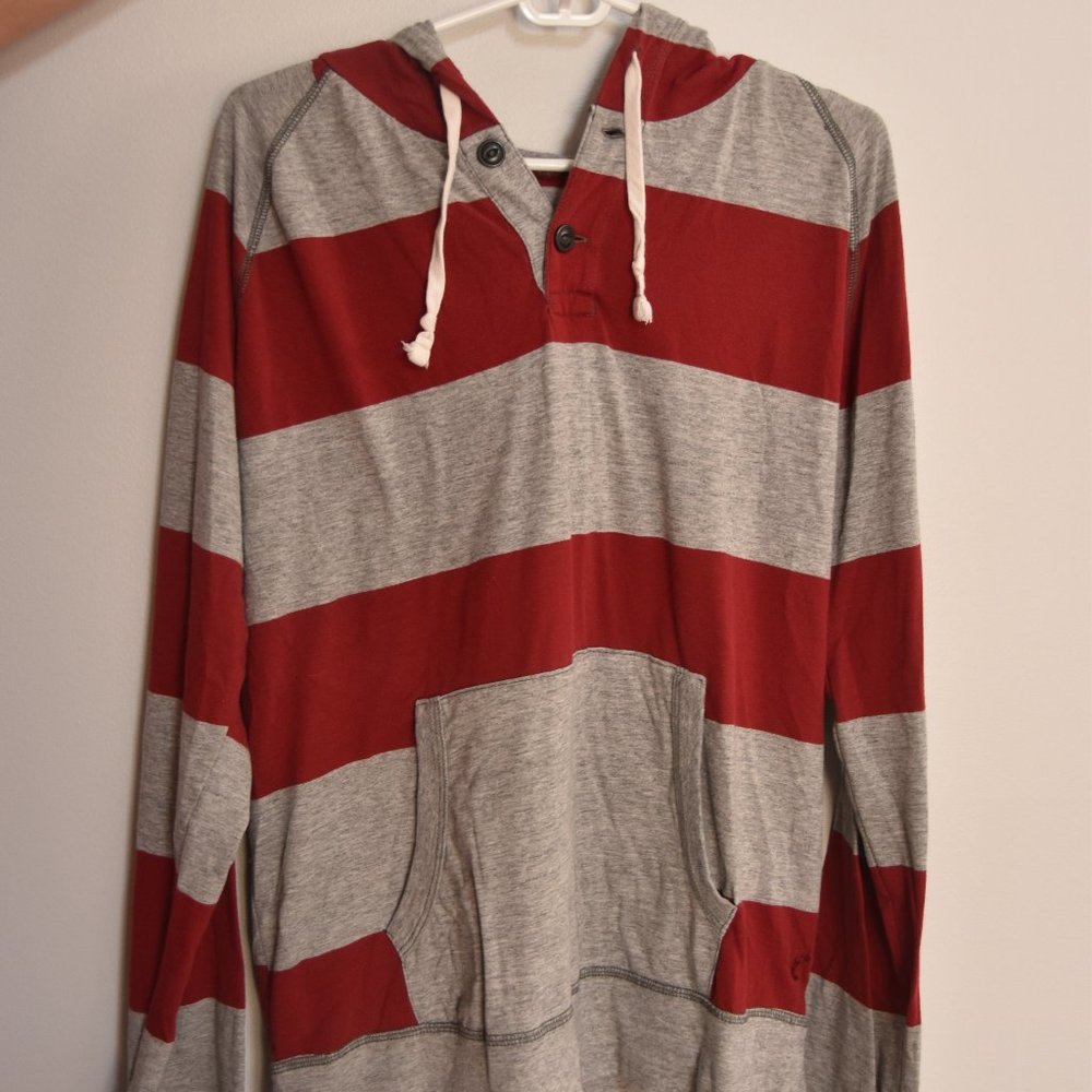 American Eagle Red and Grey Stripped Hoodie Size L